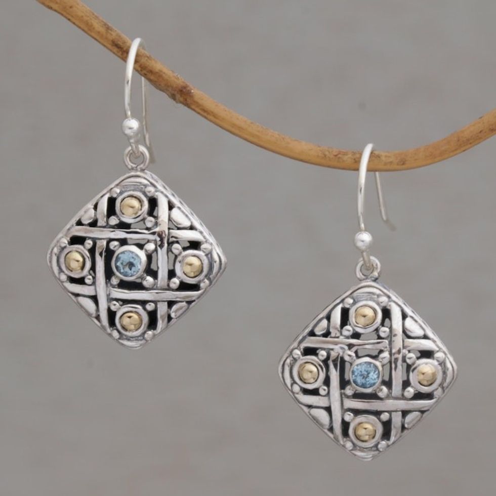 Gold Accent Blue Topaz Dangle Earrings from Bali 'Ketupat Blessing'