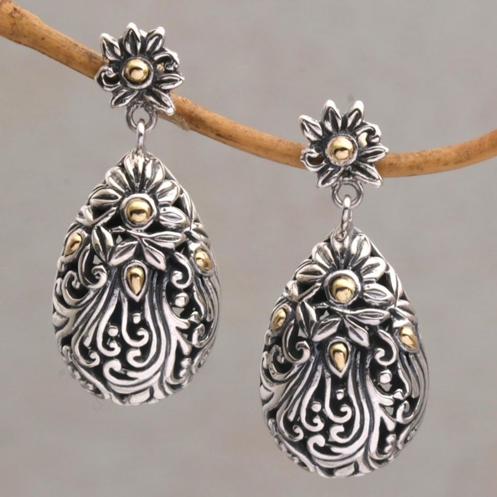 18k Gold Accent Silver Floral Dangle Earrings from Bali 'Flower Berries'