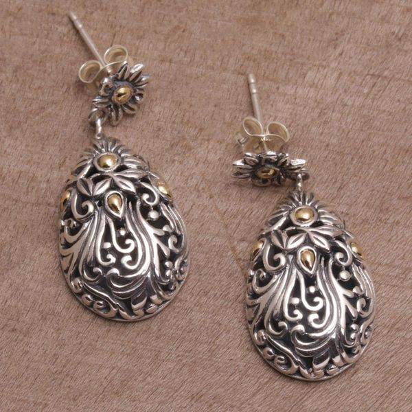 Alternate image for 18k Gold Accent Silver Floral Dangle Earrings from Bali Flower Berries