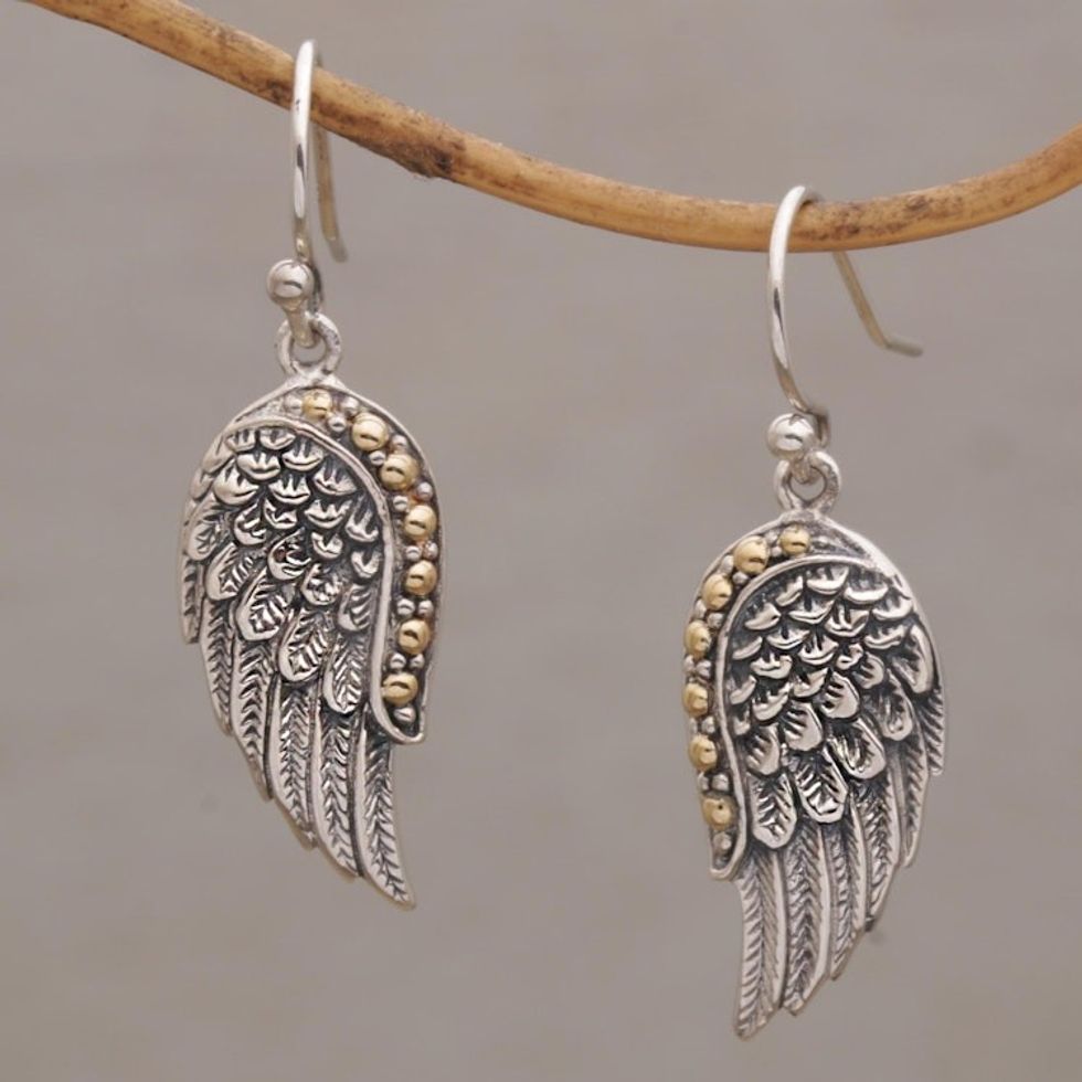 Gold Accent Sterling Silver Wing Dangle Earrings from Bali 'Gleaming Swan Wings'