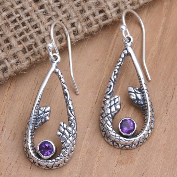 Alternate image for Amethyst Dangle Earrings with Snake Motif Garter Snake in Purple