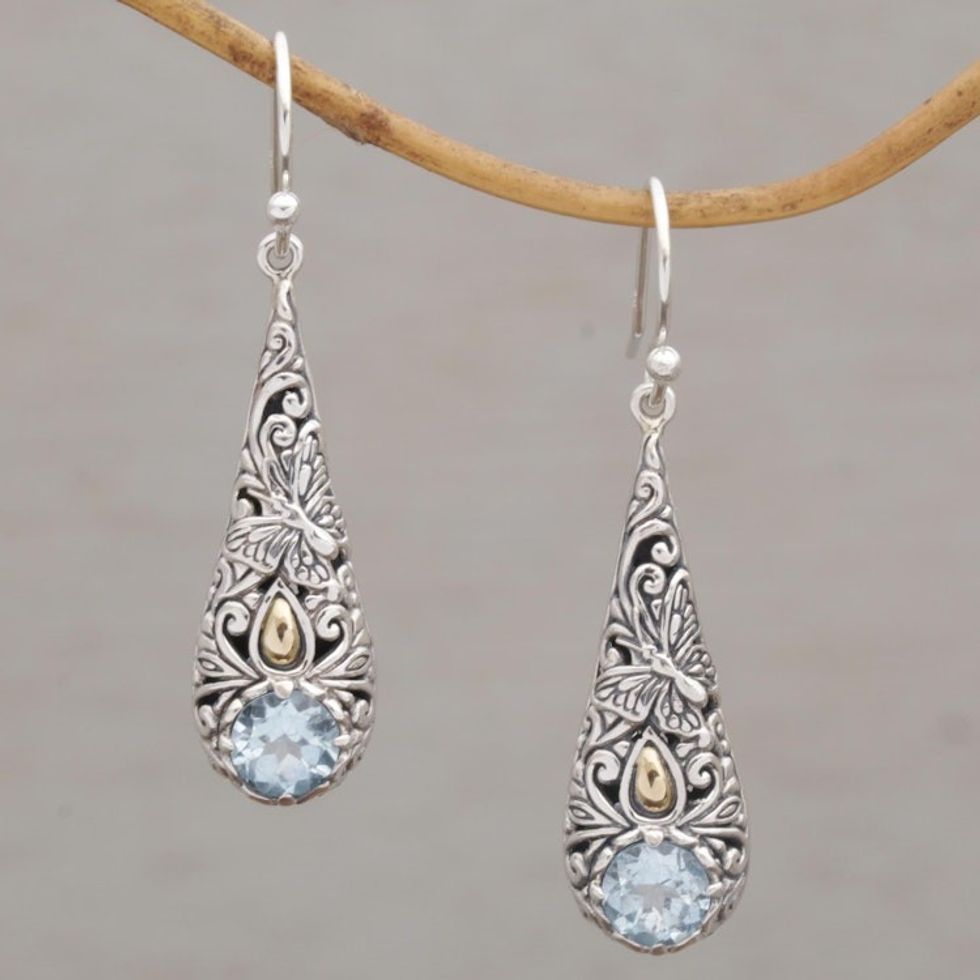 Gold Accent Blue Topaz Butterfly Earrings from Bali 'Monarch Drops'