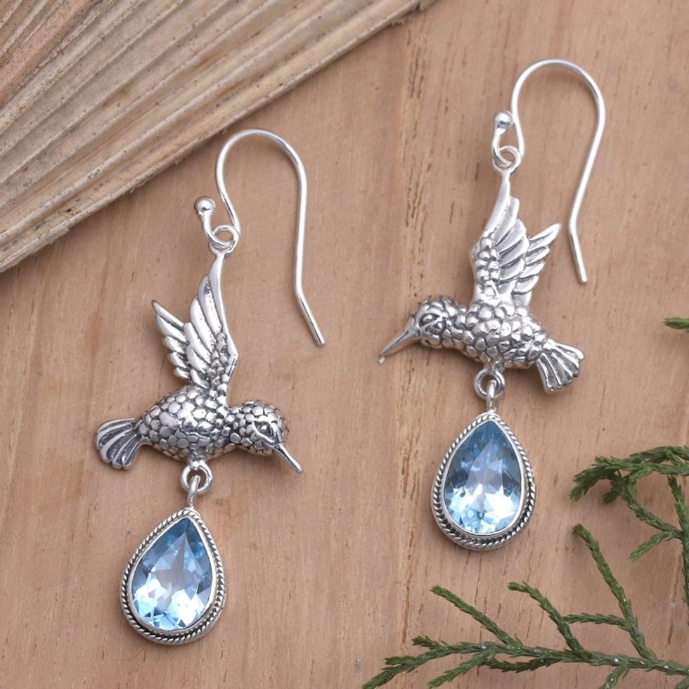 Blue Topaz Hummingbird Dangle Earrings 'Hummingbird Gift in Blue'