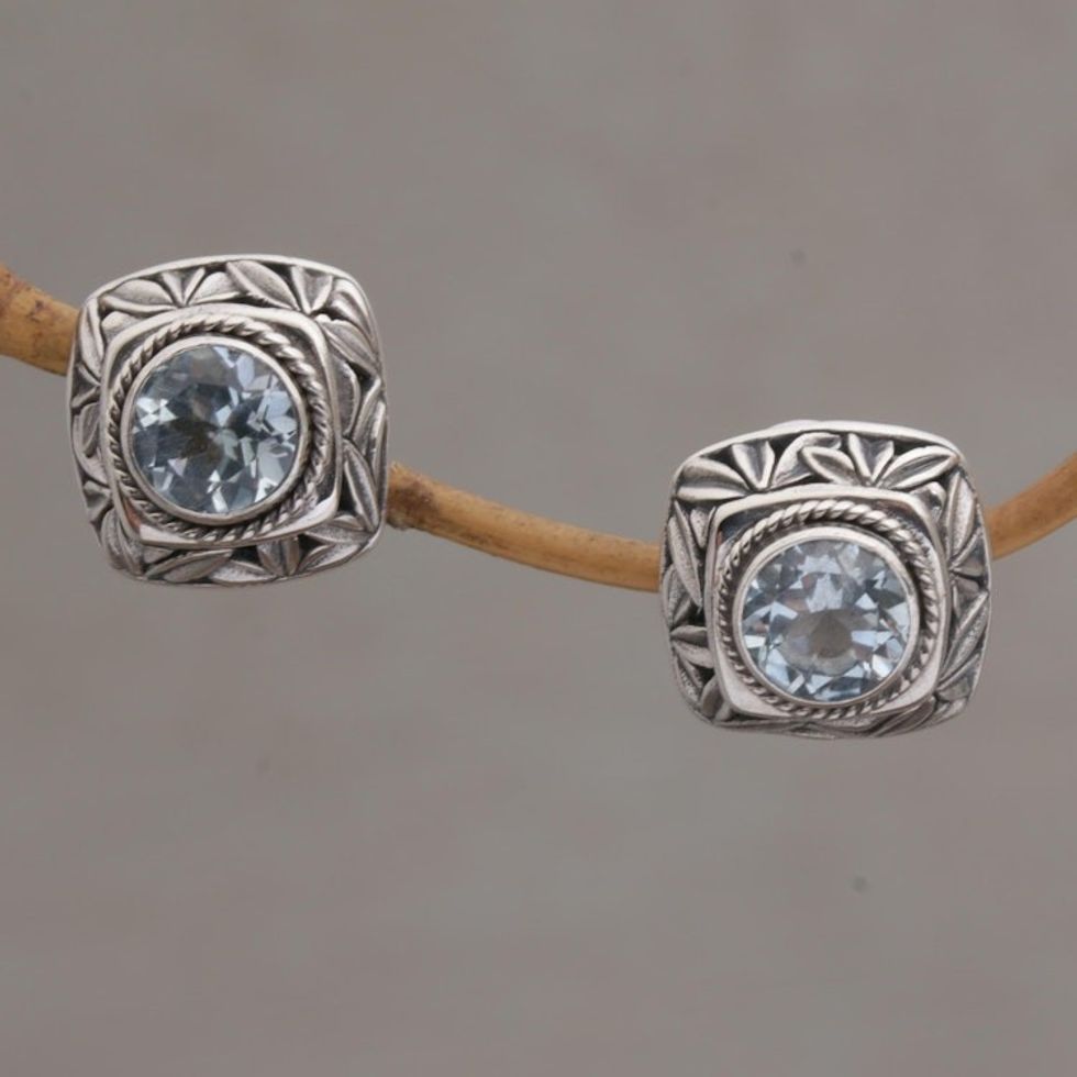 Blue Topaz and Sterling Silver Button Earrings from Bali 'Bamboo Shade'