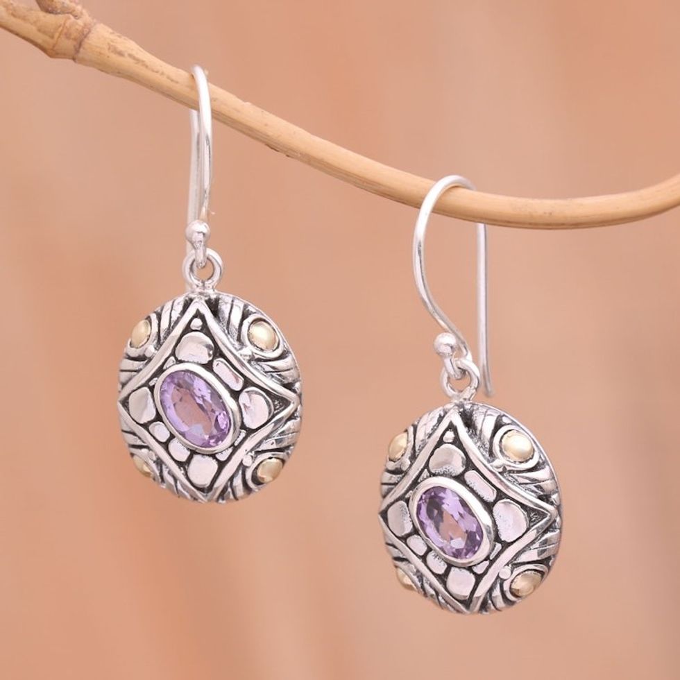 Amethyst  18K Gold Accented Sterling Silver Dangle Earrings 'Jungle Diamonds'