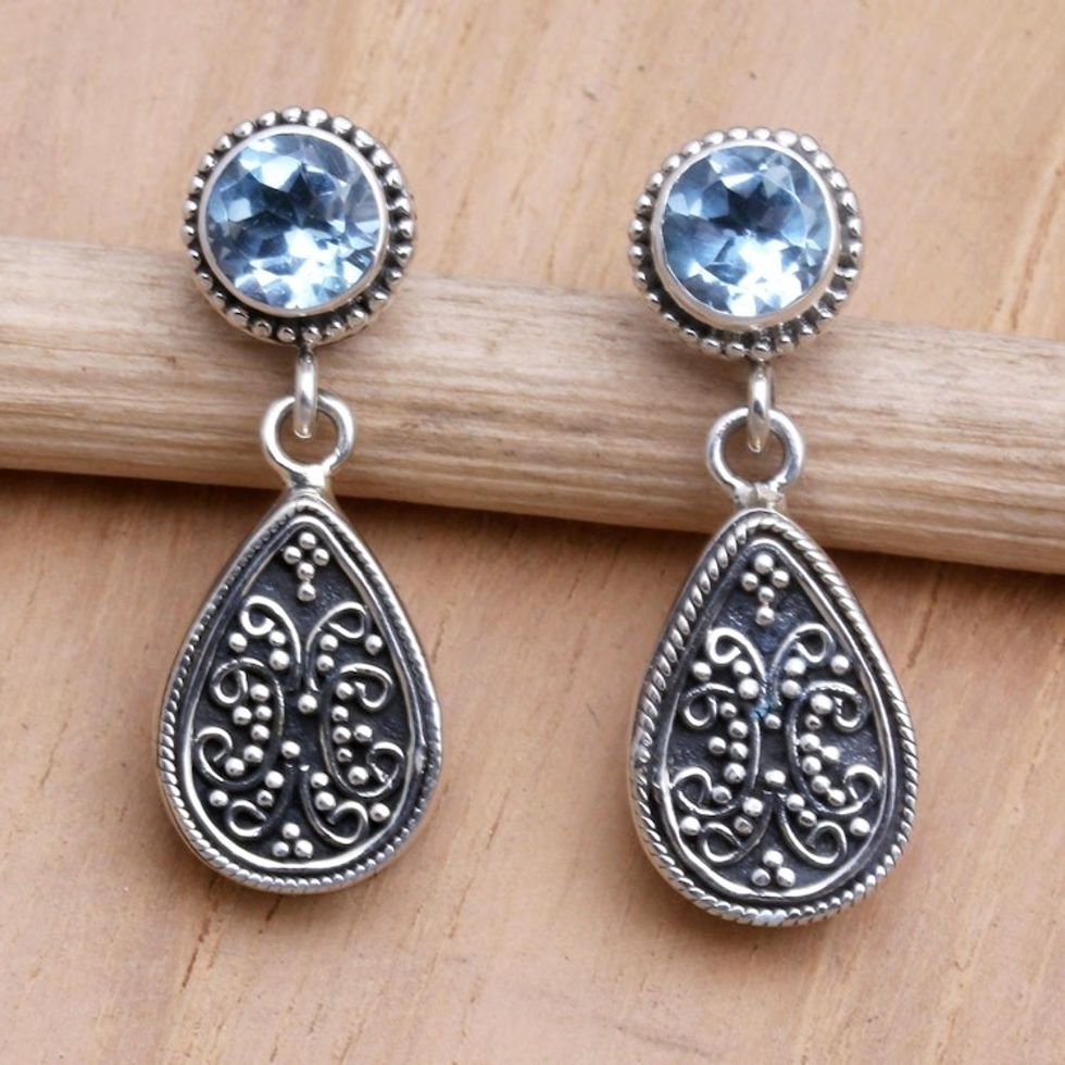 Sterling Silver and Blue Topaz Dangle Earrings from Bali 'Mystic Leaves in Blue'