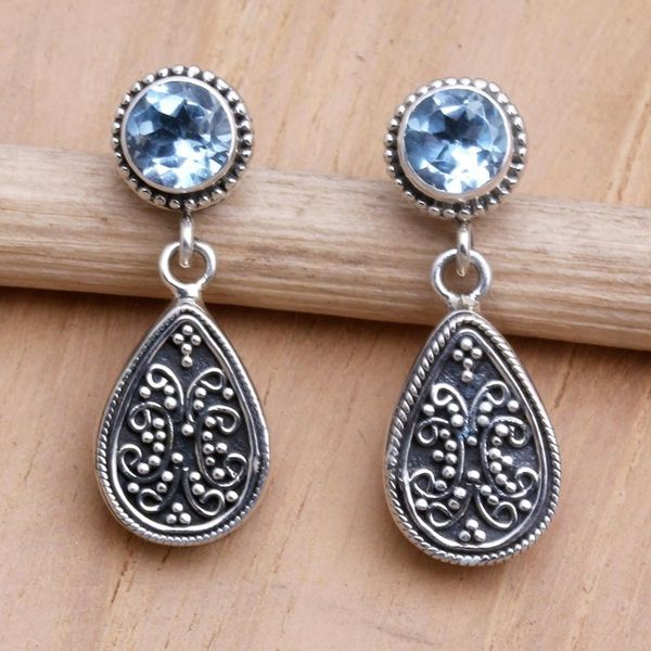 Alternate image for Sterling Silver and Blue Topaz Dangle Earrings from Bali Mystic Leaves in Blue