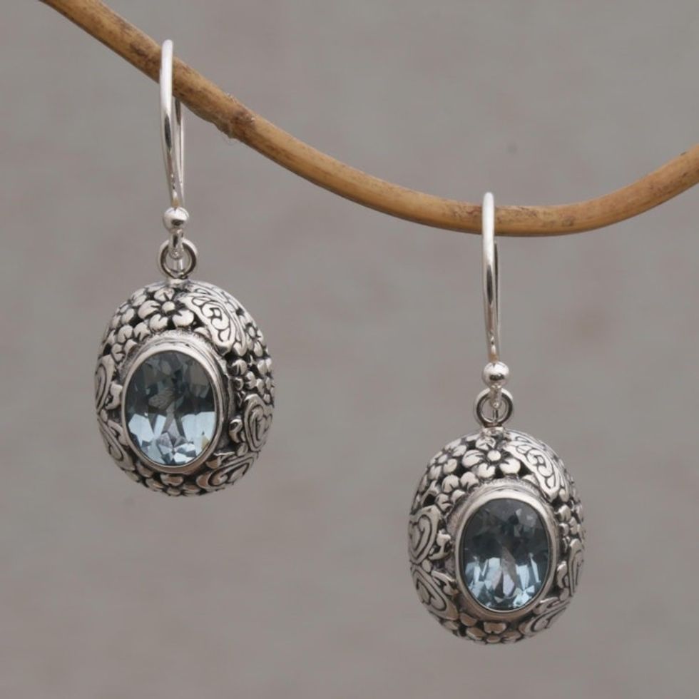 Blue Topaz and Sterling Silver Floral Earrings from Bali 'Butterfly Haven'