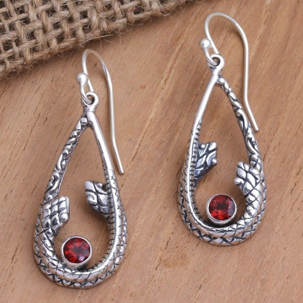 Garnet and Sterling Silver Snake Earrings 'Garter Snake in Red'