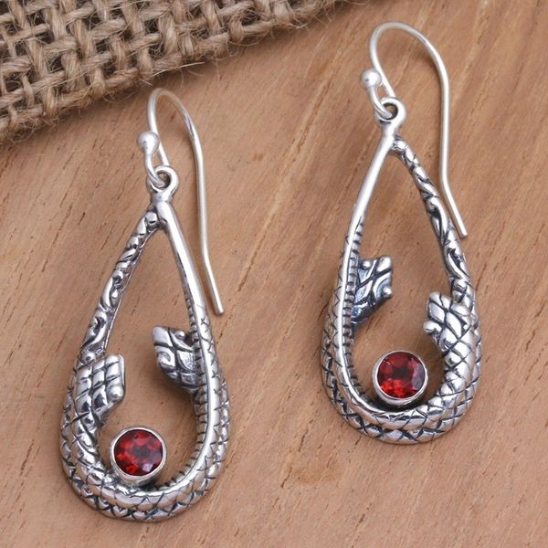 Alternate image for Garnet and Sterling Silver Snake Earrings Garter Snake in Red