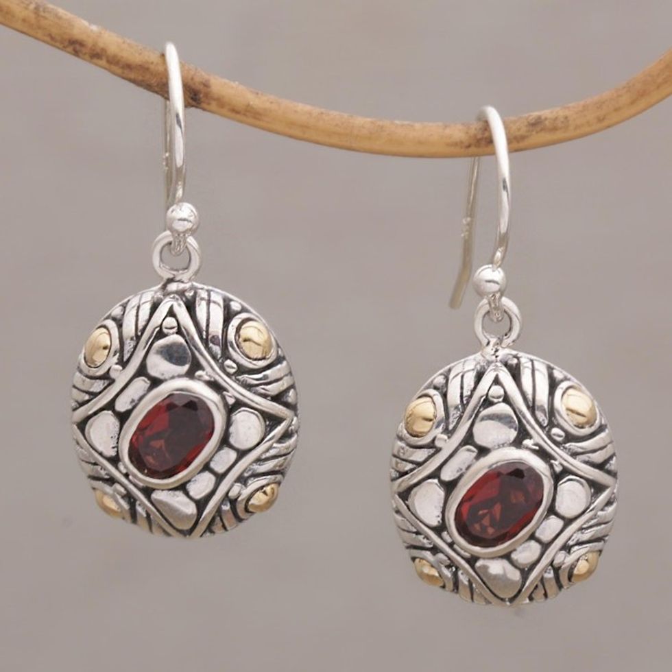 Gold Accent Oval Garnet Dangle Earrings from Bali 'Temple Ovals'