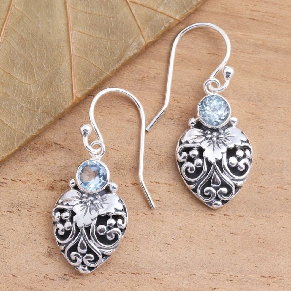 Sterling Silver and Blue Topaz Dangle Earrings from Bali 'Bali Strawberry in Blue'