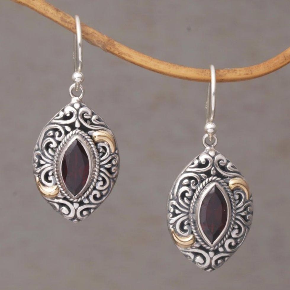 Gold-accented Garnet Swirl Motif Dangle Earrings from Bali 'Defiant Beauty'