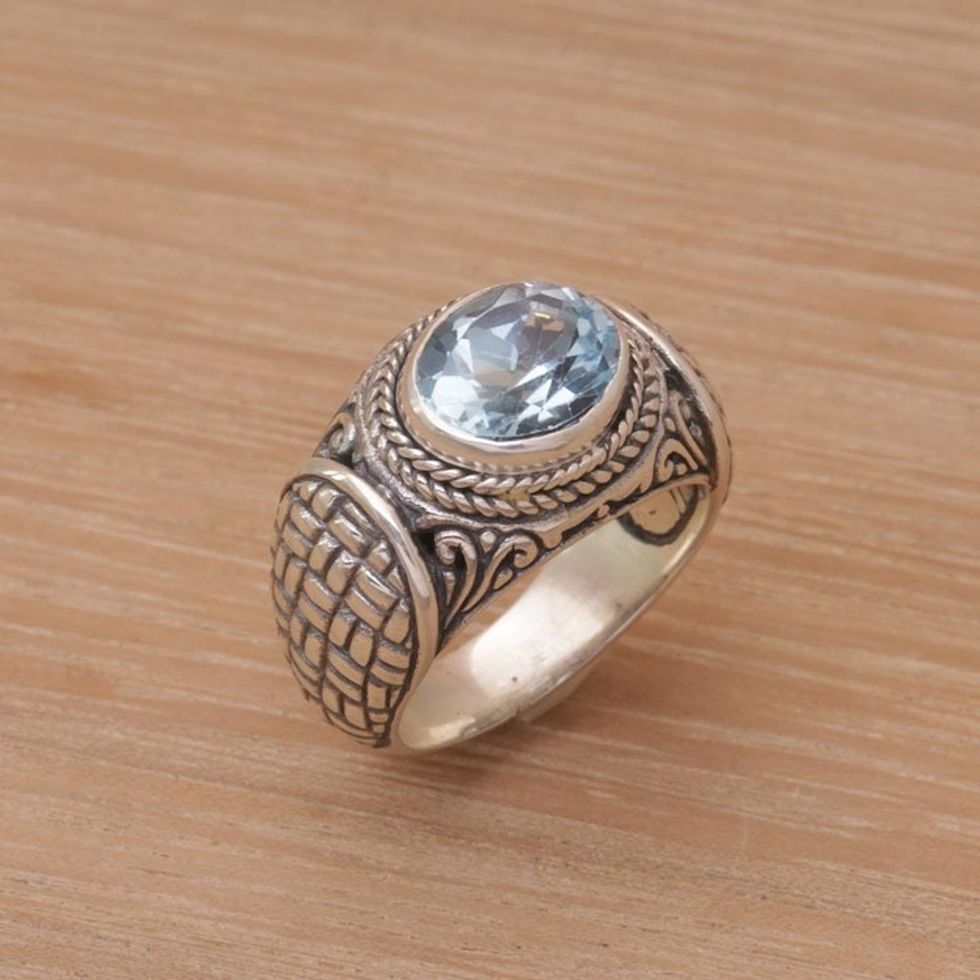 Blue Topaz Weave Motif Single Stone Ring from Bali 'Woven Vine'