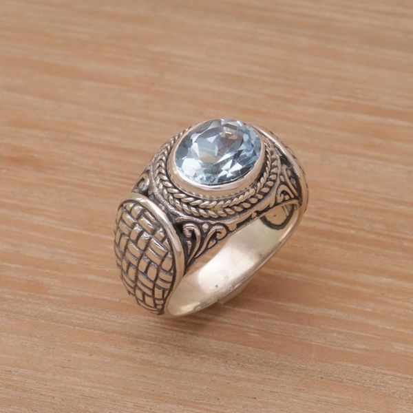 Alternate image for Blue Topaz Weave Motif Single Stone Ring from Bali Woven Vine