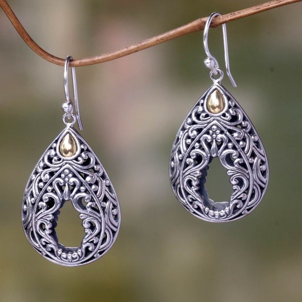 Handcrafted Balinese Silver Dangle Earrings with 18k Gold 'Balinese Lace'