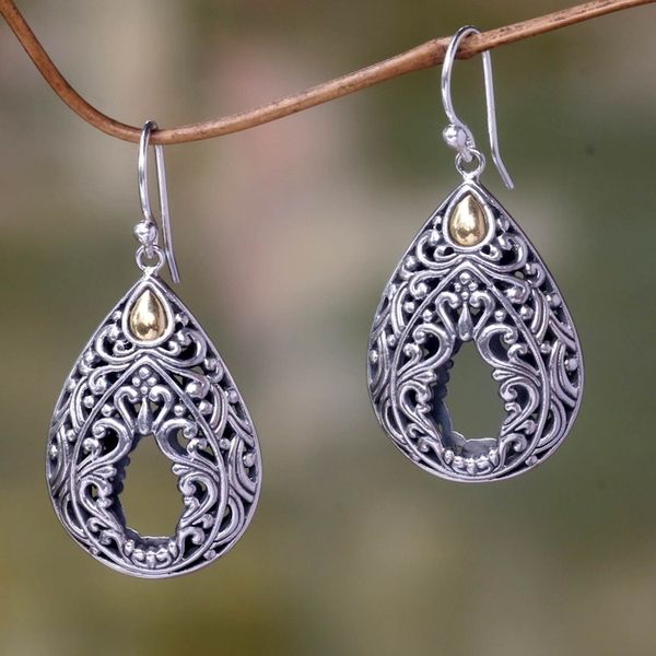 Alternate image for Handcrafted Balinese Silver Dangle Earrings with 18k Gold Balinese Lace