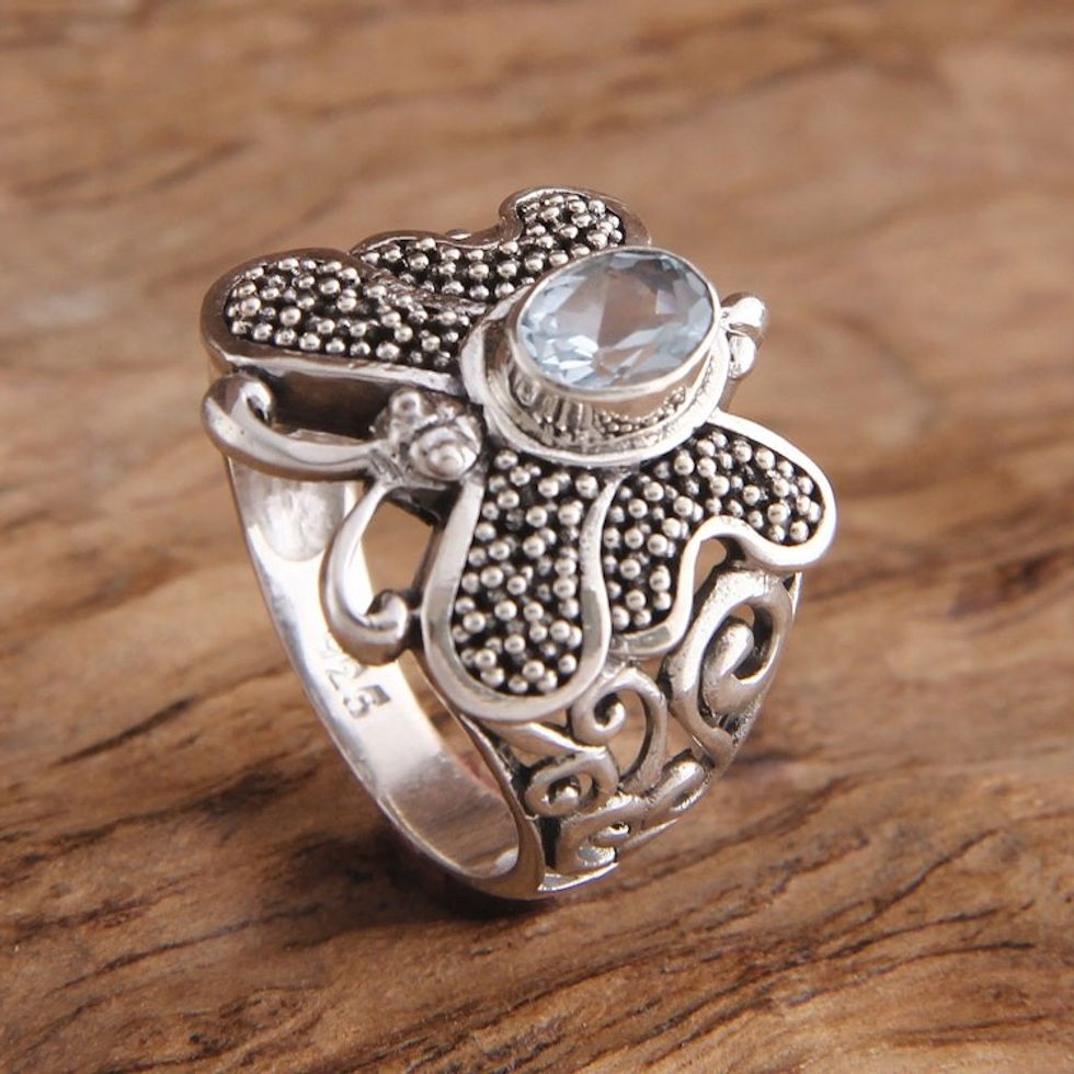 Unique Sterling Silver and Blue Topaz Cocktail Ring 'Butterfly Soul'