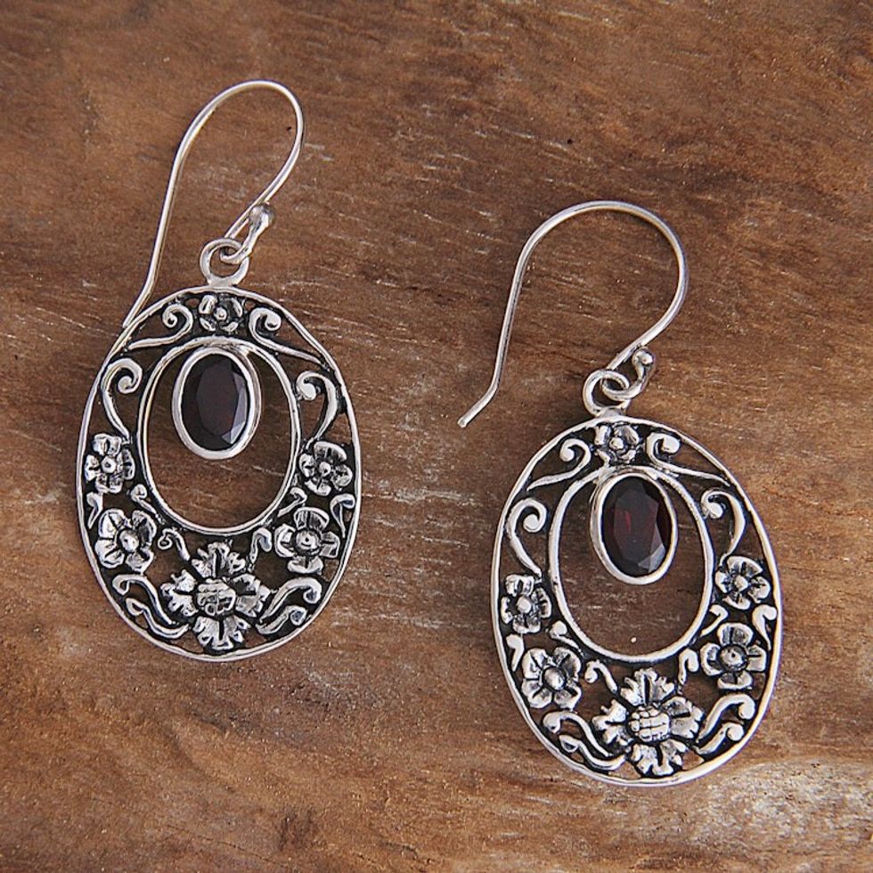 Handcrafted Floral Garnet Sterling Silver Earrings 'Bali Bouquet'