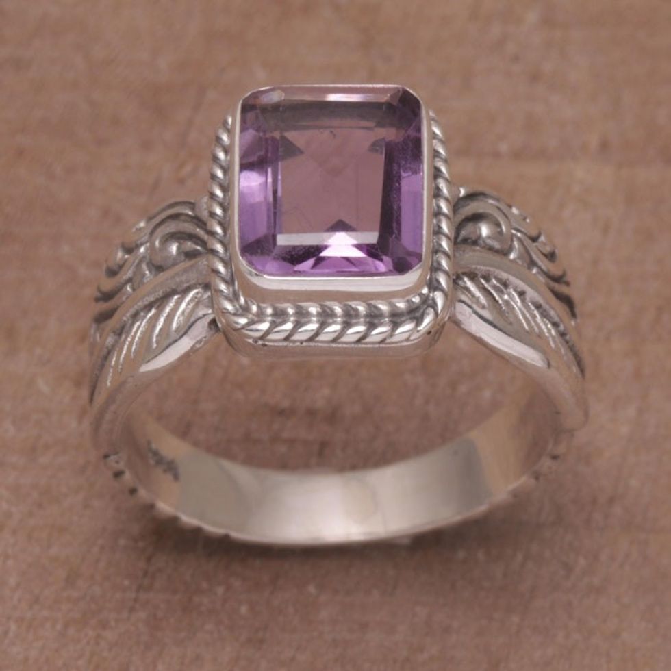 Amethyst Leaf-Themed Single Stone Ring from Bali 'Razorleaf'