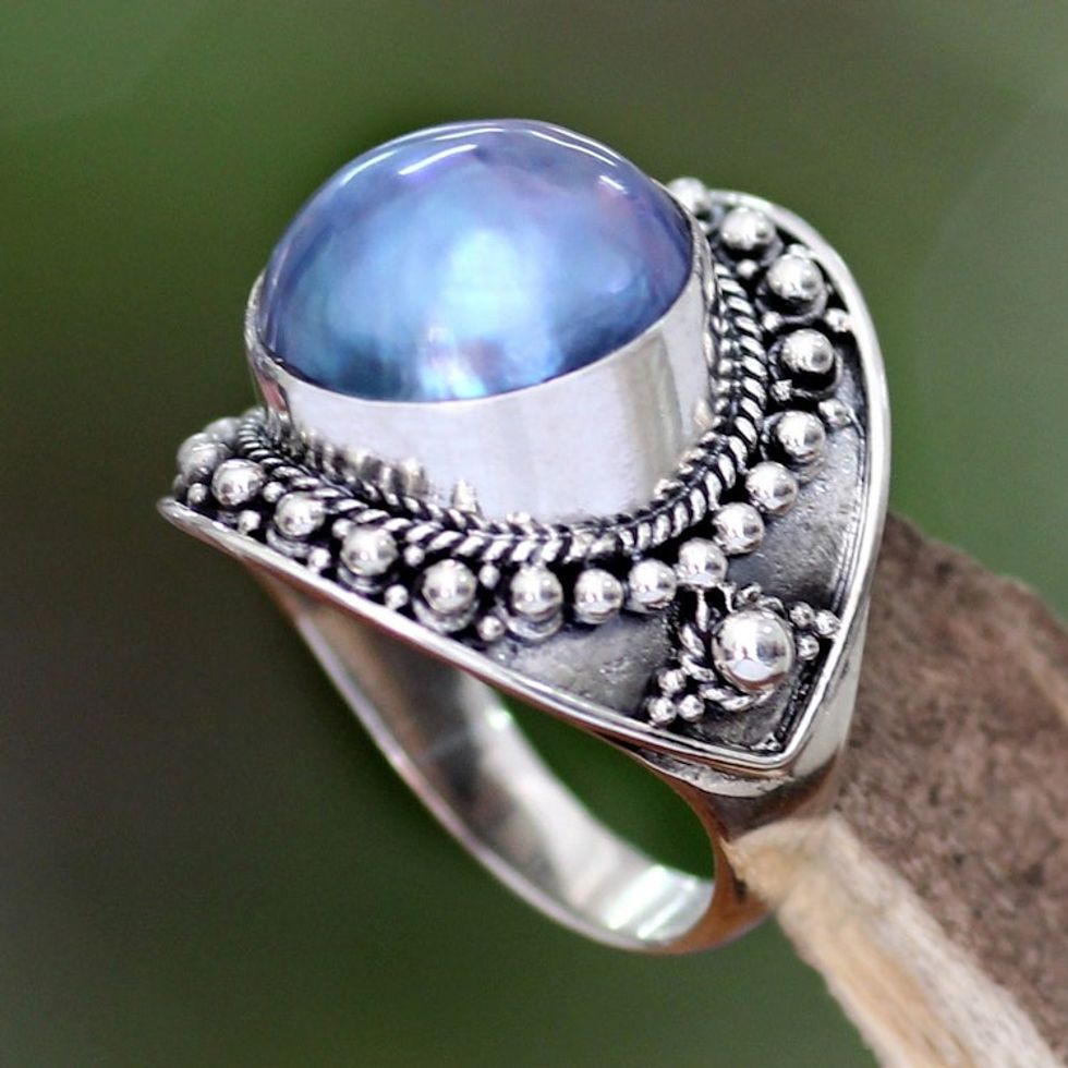 Unique Indonesian Sterling Silver and Pearl Cocktail Ring 'Blue Bali'