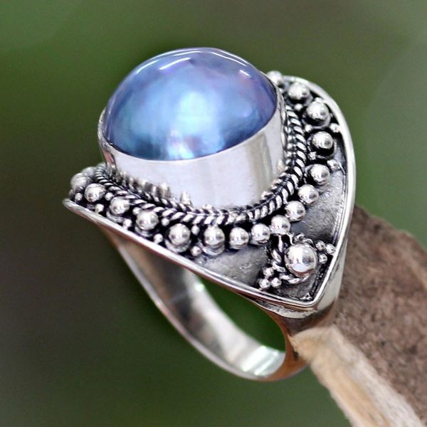 Alternate image for Unique Indonesian Sterling Silver and Pearl Cocktail Ring Blue Bali
