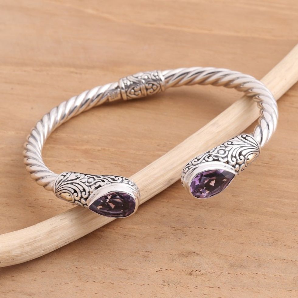 Pear-Shaped Amethyst Sterling Silver Cuff Bracelet 'Floral Iridescence in Purple'