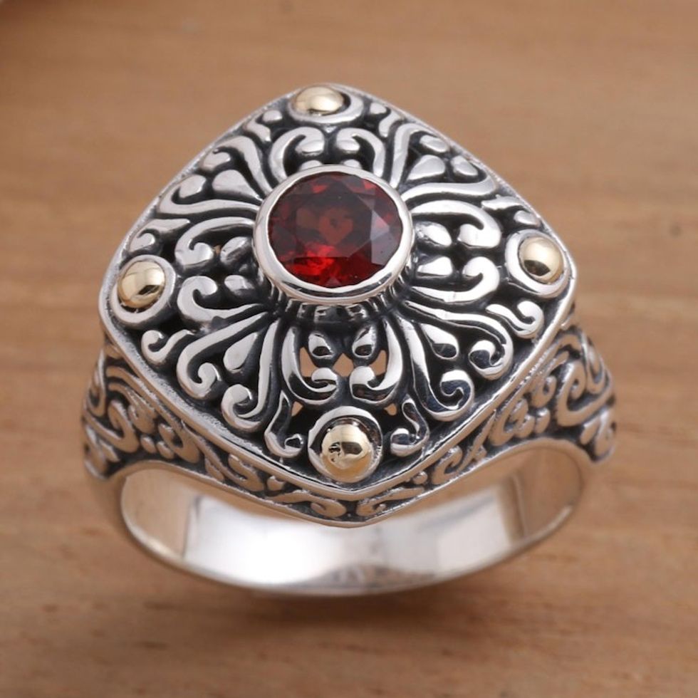 Garnet and Sterling Silver Cocktail Ring from Bali 'Temple Base'