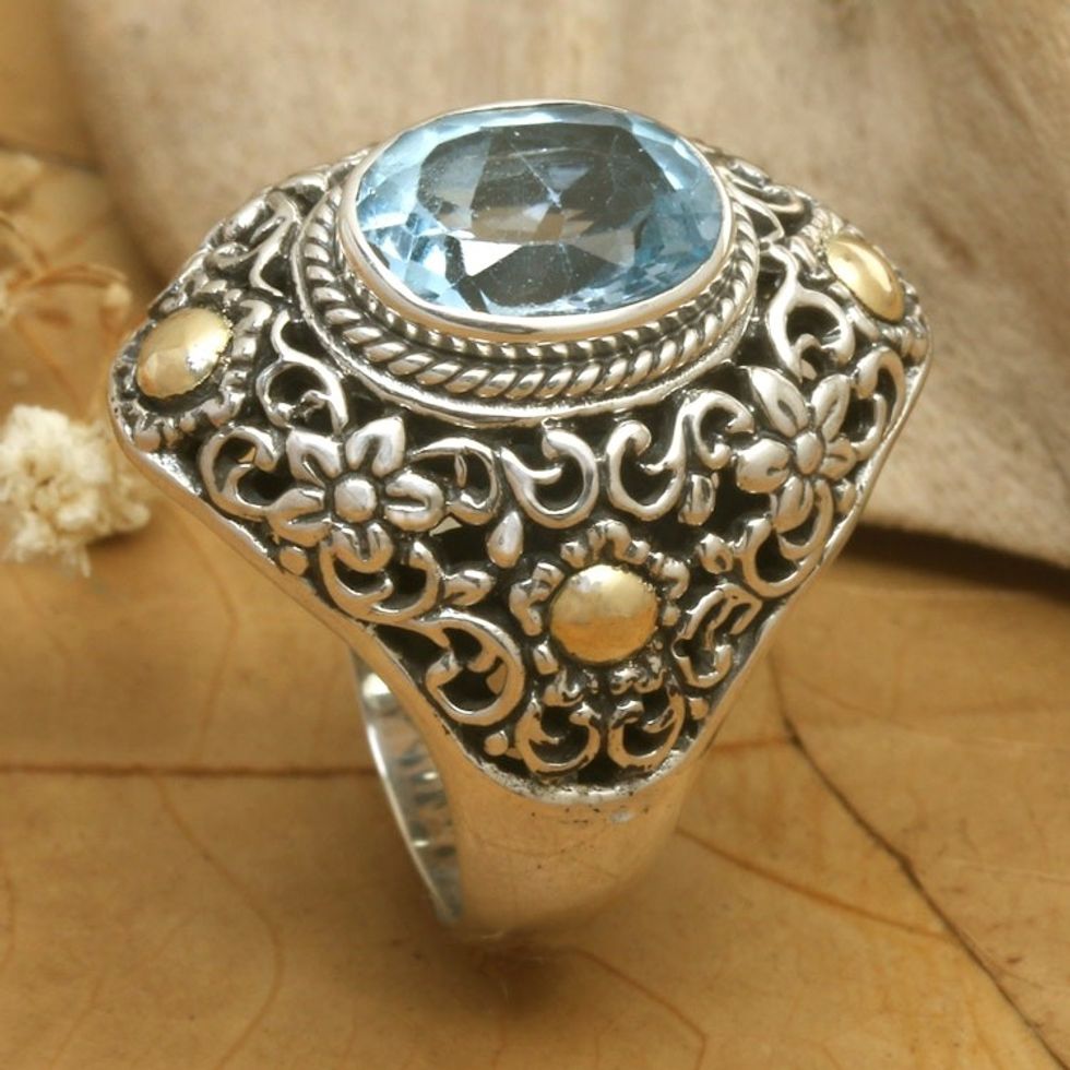 Gold Accent Blue Topaz Floral Cocktail Ring from Bali 'Floral Mystique'