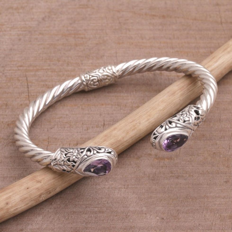 Amethyst and Sterling Silver Floral Cuff Bracelet from Bali 'Floral Iridescence'