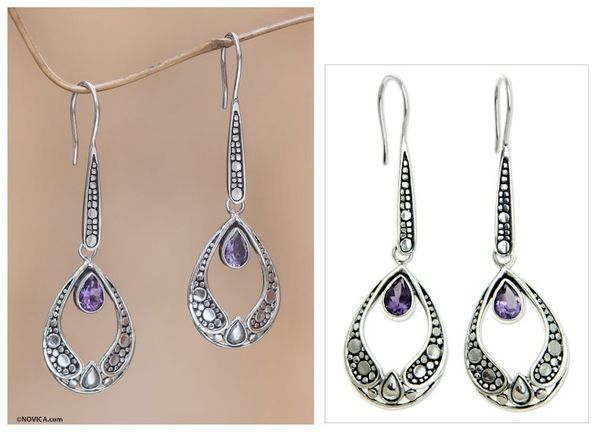 Alternate image for Silver and Amethyst Earrings Balinese Fair Trade Jewelry Lilac Light