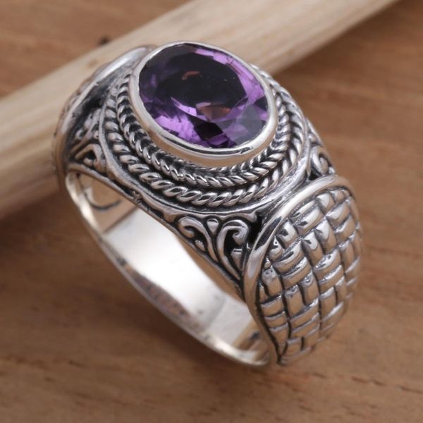 Alternate image for Amethyst and Sterling Silver Signet Ring Woven Vines