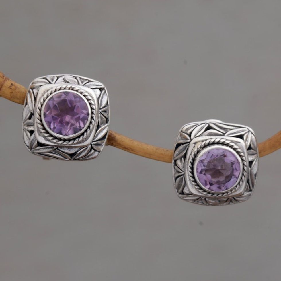 Amethyst and Sterling Silver Button Earrings from Bali 'Bamboo Shade'