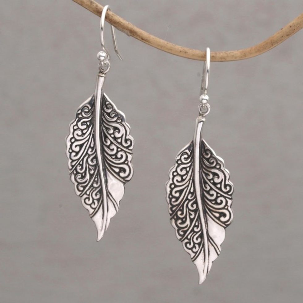 Sterling Silver Swirling Leaf Dangle Earrings from Bali 'Leaf Mystique'