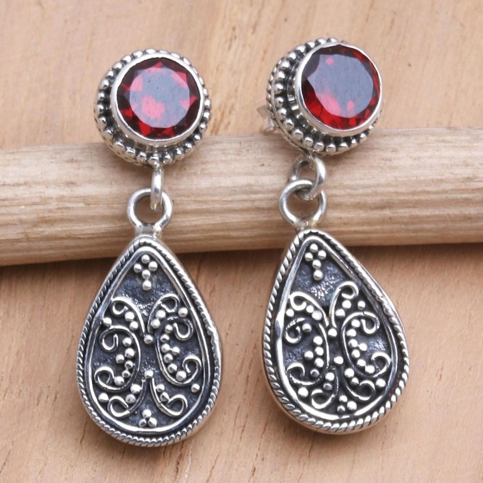 Sterling Silver and Garnet Dangle Earrings from Bali 'Mystic Leaves in Red'