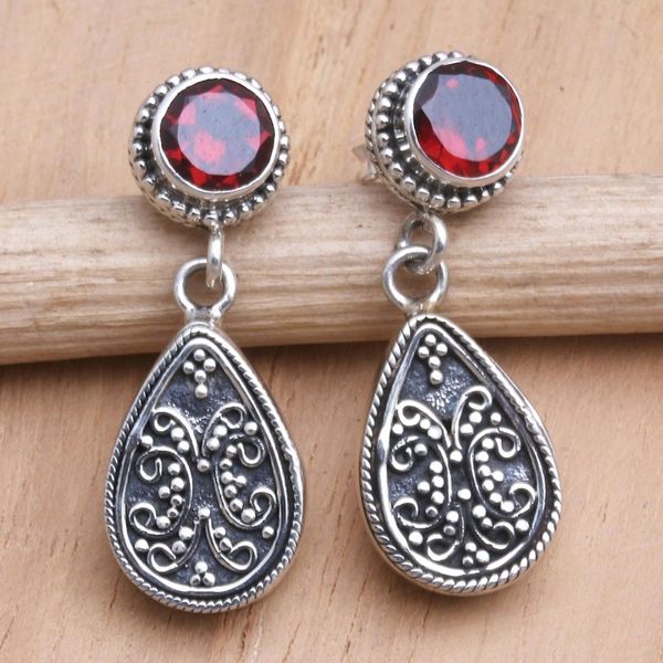 Alternate image for Sterling Silver and Garnet Dangle Earrings from Bali Mystic Leaves in Red