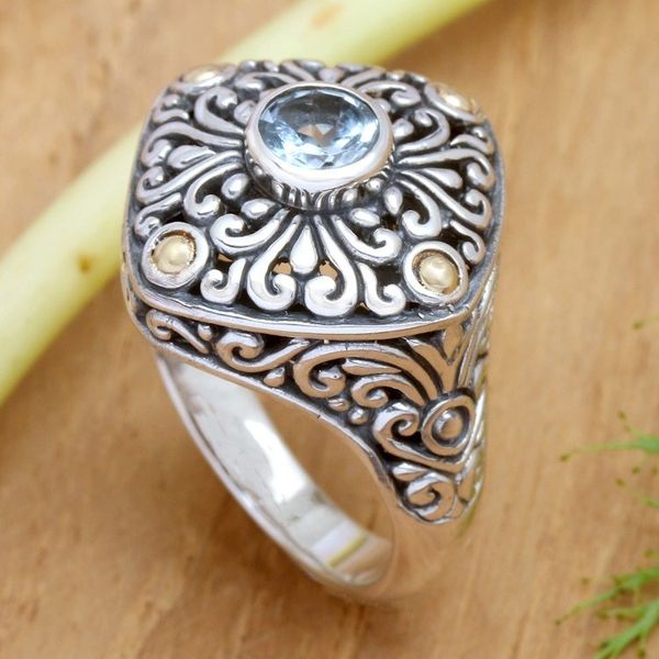 Alternate image for Gold-accented Blue Topaz Swirl Motif Cocktail Ring from Bali Swirling Facade