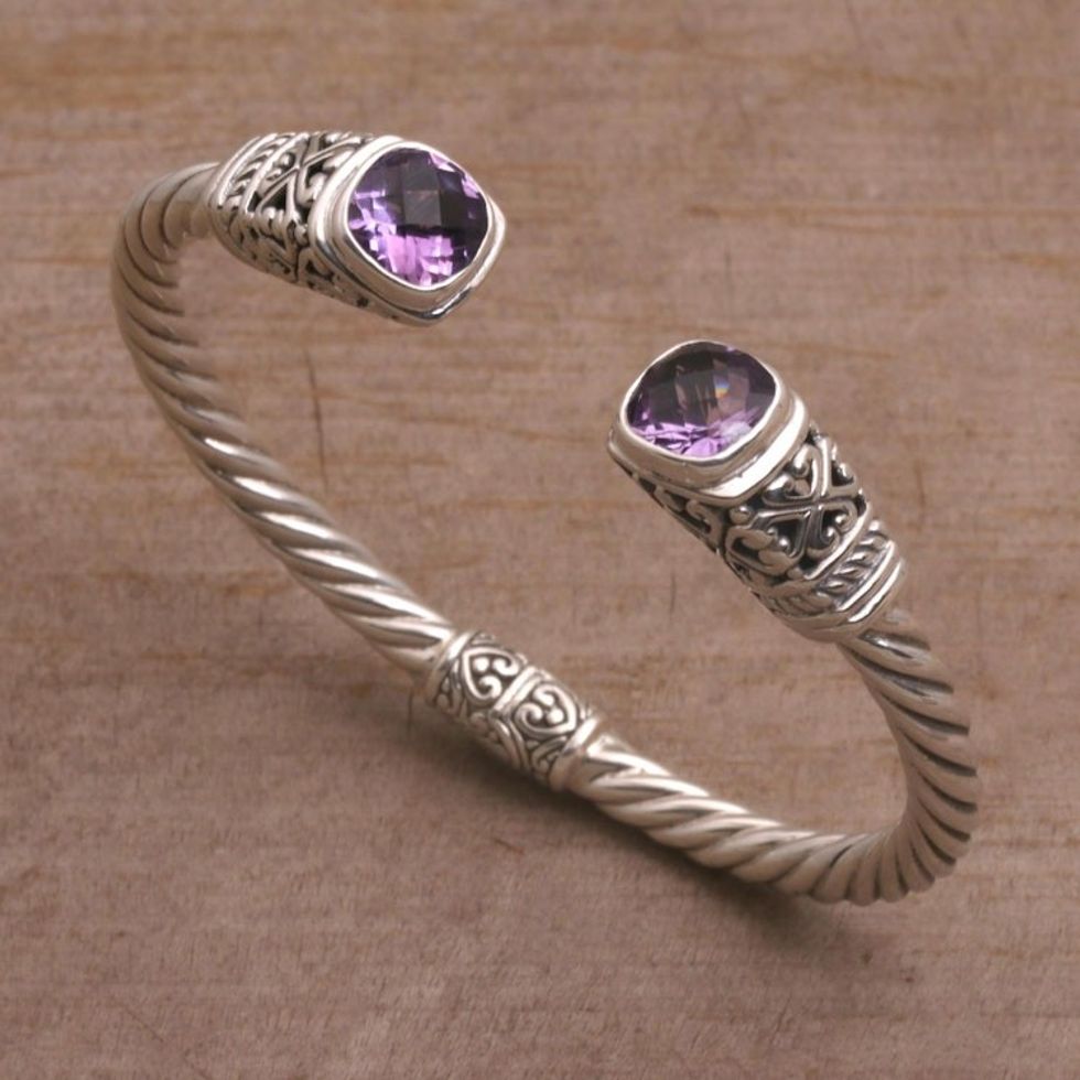 Amethyst and 925 Silver Rope Design Cuff Bracelet from Bali 'Altar Swirl'