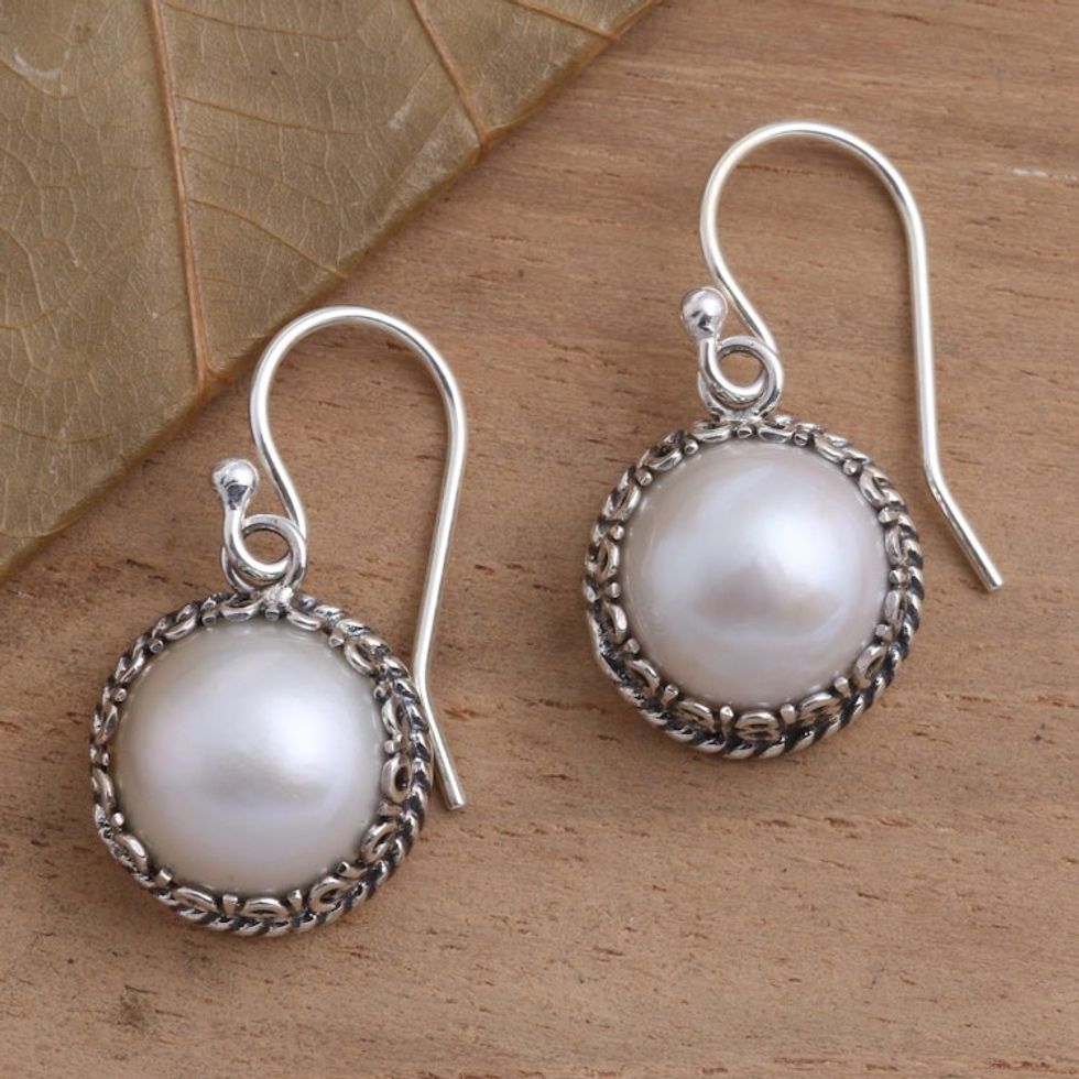 Cultured Pearl Sterling Silver Dangle Earrings 'Shadow in White'