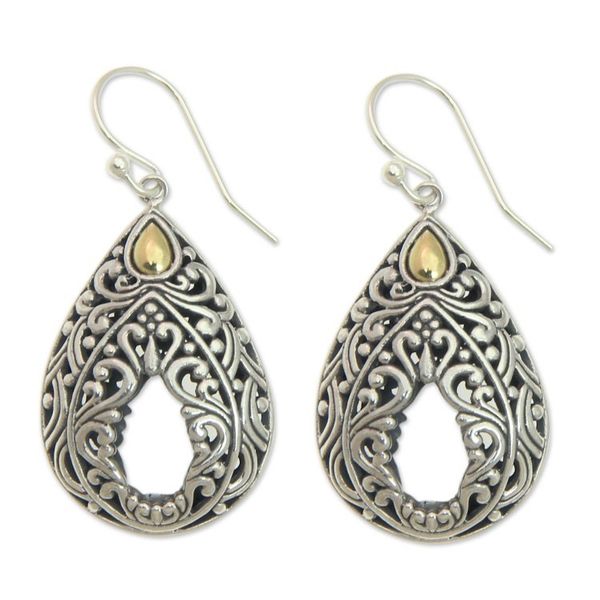 Alternate image for Handcrafted Balinese Silver Dangle Earrings with 18k Gold Balinese Lace