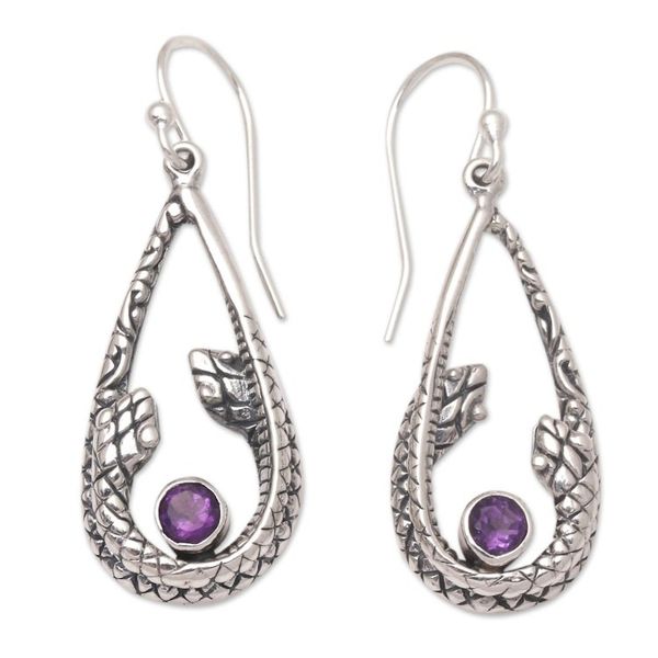 Alternate image for Amethyst Dangle Earrings with Snake Motif Garter Snake in Purple