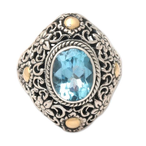 Alternate image for Gold Accent Blue Topaz Floral Cocktail Ring from Bali Floral Mystique