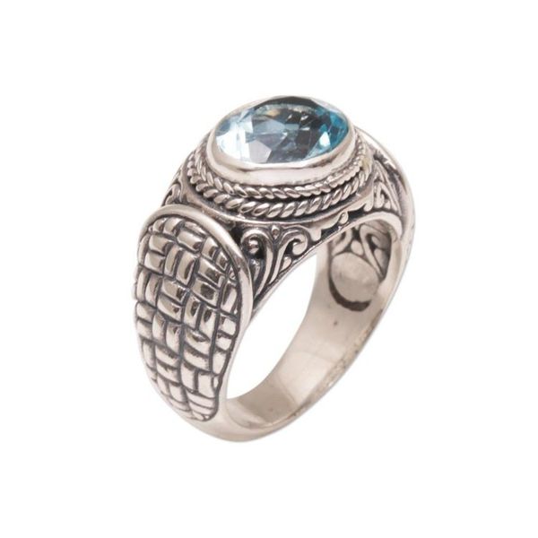 Alternate image for Blue Topaz Weave Motif Single Stone Ring from Bali Woven Vine