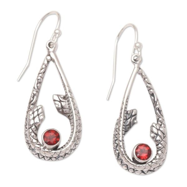 Alternate image for Garnet and Sterling Silver Snake Earrings Garter Snake in Red
