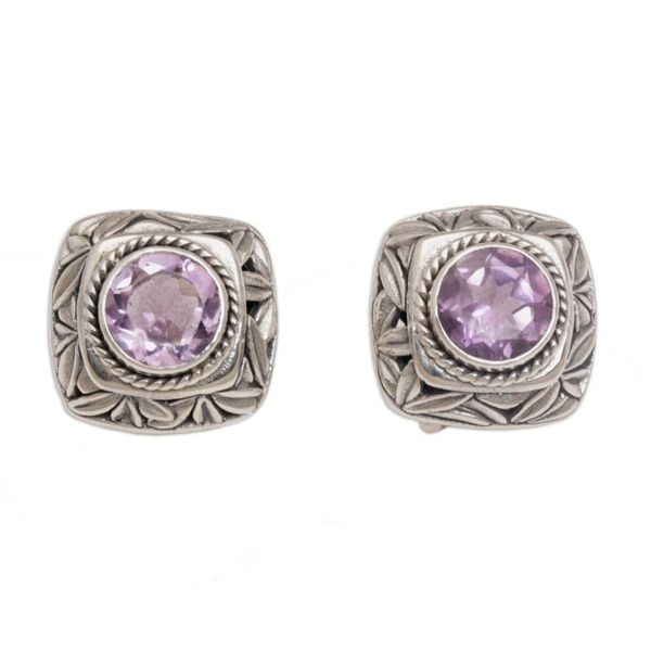 Alternate image for Amethyst and Sterling Silver Button Earrings from Bali Bamboo Shade