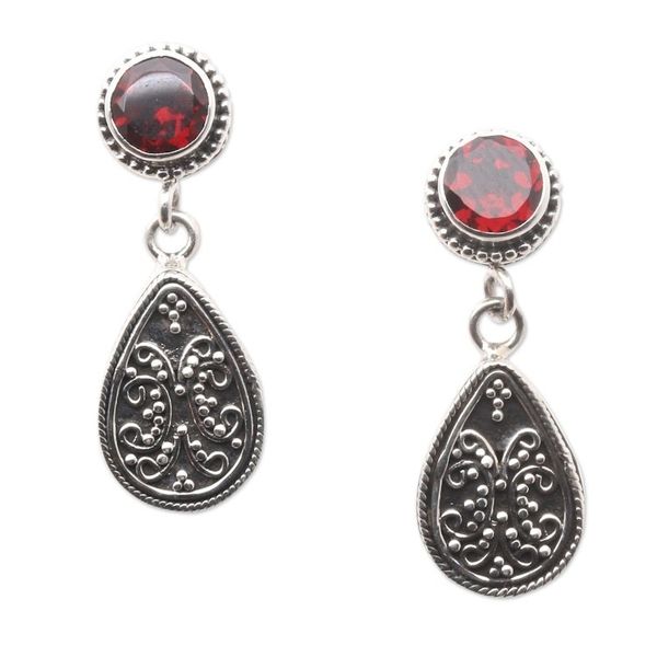 Alternate image for Sterling Silver and Garnet Dangle Earrings from Bali Mystic Leaves in Red