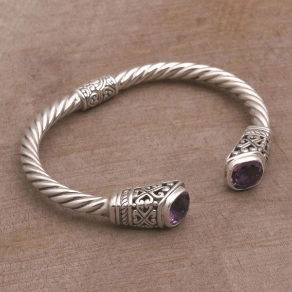 Alternate image for Amethyst and 925 Silver Rope Design Cuff Bracelet from Bali Altar Swirl
