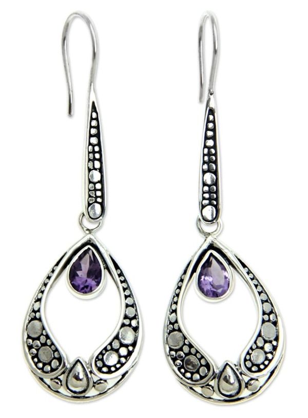 Alternate image for Silver and Amethyst Earrings Balinese Fair Trade Jewelry Lilac Light