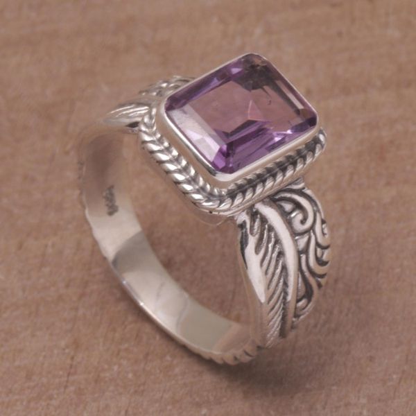 Alternate image for Amethyst Leaf-Themed Single Stone Ring from Bali Razorleaf