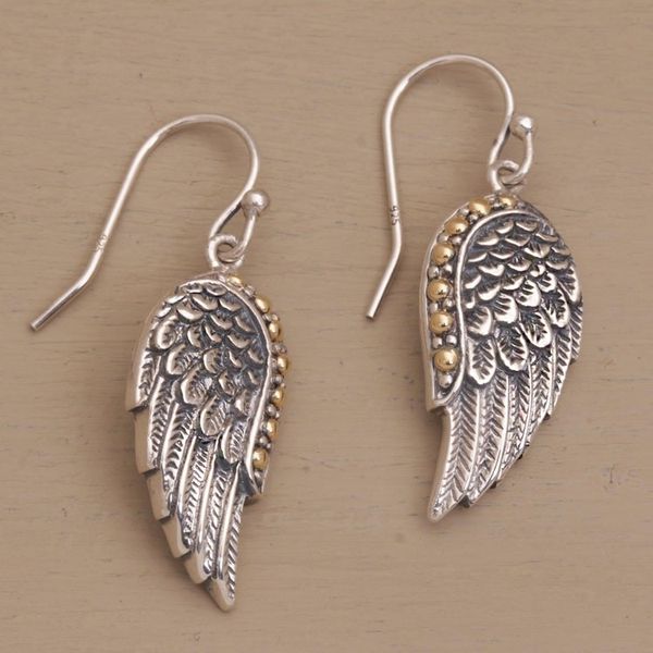 Alternate image for Gold Accent Sterling Silver Wing Dangle Earrings from Bali Gleaming Swan Wings